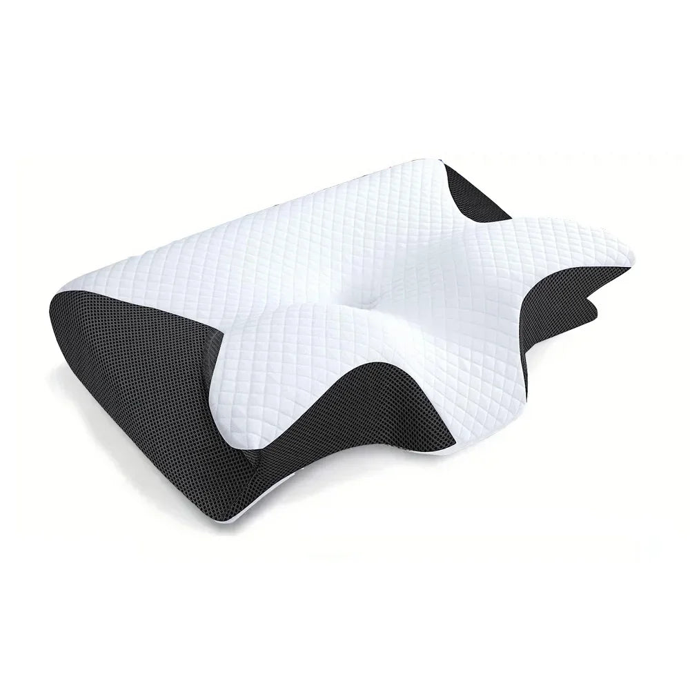 Almohada viscoelástica con forma de mariposa, color negro: parte de arriba blanca y laterales negros