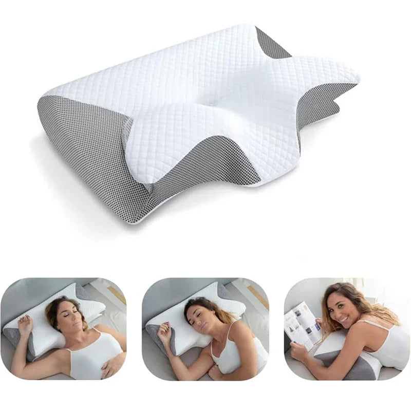 Almohada con forma de mariposa y fotos de uso en la cama